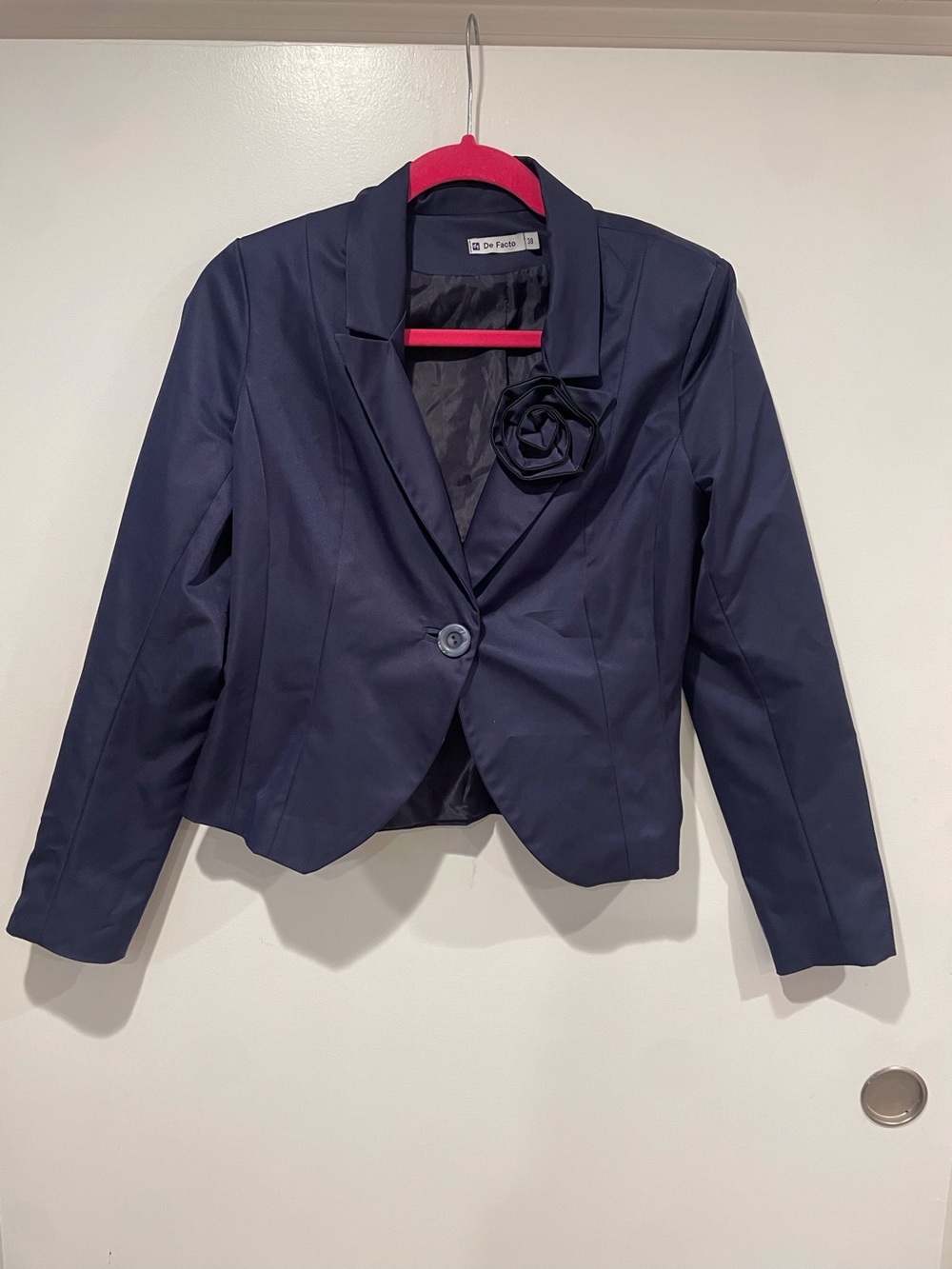 Navy Blue Blazer with Rose Embellishment by De Facto